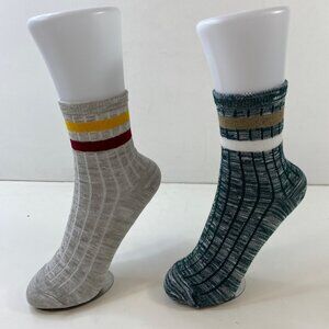Womens Crew Socks Set 2 Stripes Marled Pattern Gray Green Yellow Red White